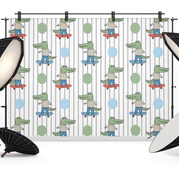Funny Crocodile Backdrops for Photography, Skateboard Polka Dots Cartoon Strips Fabric Photo Background Sturdy Studio Props for Photo Studio, Video Recording, Booth & Photoshoot 7x5ft