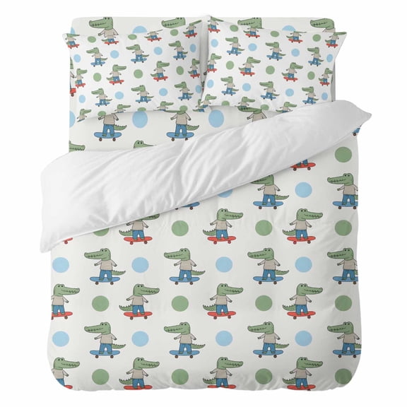 Funny Crocodile Bedding Duvet Cover Set King Size 4 Pieces, Skateboard Polka Dots Cartoon Cute Bedding Set with Zipper Closure, 1 Comforter Cover 104x90 Inches 1 Flat Sheet & 2 Pillow Cases