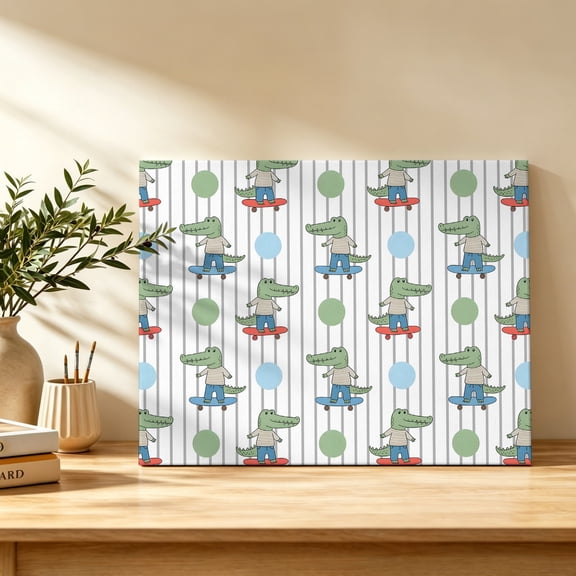 Funny Crocodile Canvas Wall Art, Skateboard Polka Dots Cartoon Strips Wall Art Prints Artwork Framed Canvas Ready to Hang Art Pictures for Study Living Dining Room Bedroom 20" x 16"