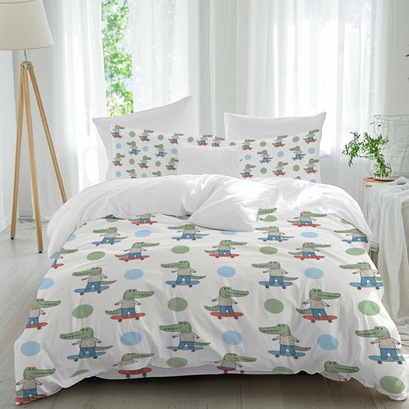Funny Crocodile Comforter Set California King Size, Skateboard Polka Dots Cartoon Cute Soft Bedding Set for Man Woman, 4 Pieces Duvet Cover Set with Fitted Sheet, 2 Pillowcases