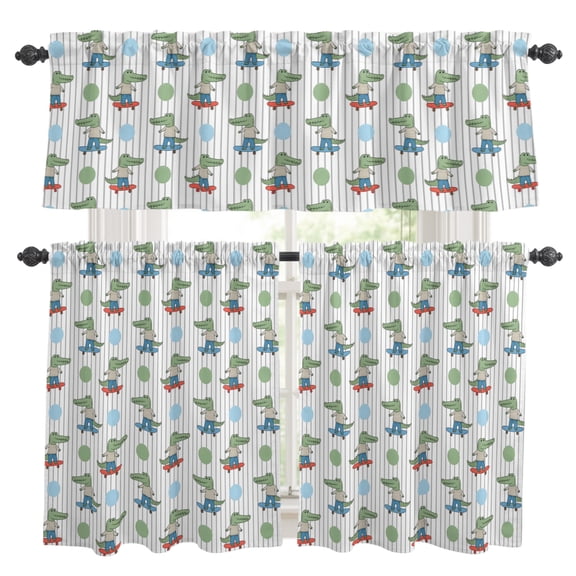 Funny Crocodile Kitchen Curtains Valances 3 Piece Set, Skateboard Polka Dots Cartoon Strips Rod Pocket Tier Curtain and Valance Drapes for Small Window 24 Inch Length for Bedroom Cafe