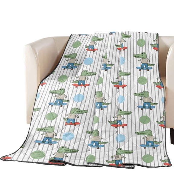 Funny Crocodile Quilted Comforters Cooling Blanket King Size, Skateboard Polka Dots Cartoon Strips Cold Comfort for Hot Sleepers Lightweight Air Conditioning Quilt Blanket for Bed