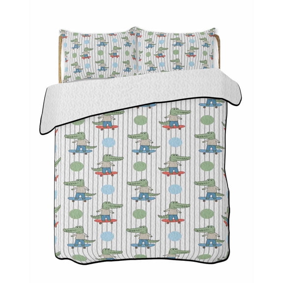 Funny Crocodile Quilts Bedding Set California King Skateboard Polka Dots Cartoon Strips Lightweight Quilted Bedspread 3 Piece Bed Quilt with 2 Pillow Shams All Season for Bedroom 96" x 106"