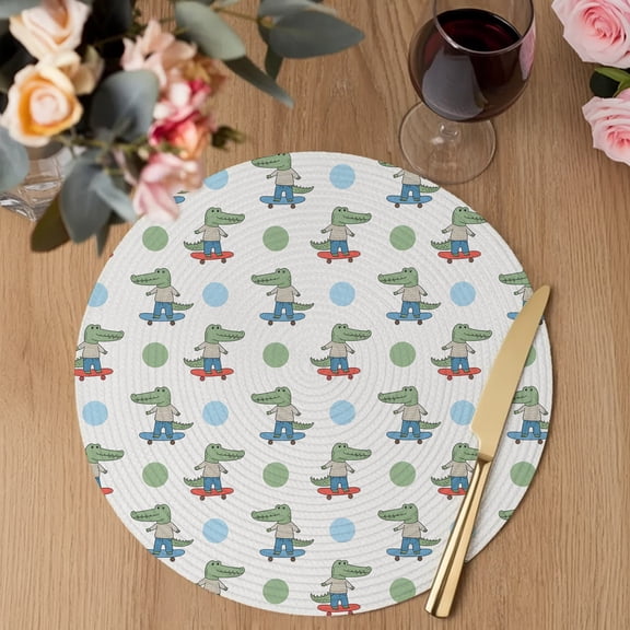 Funny Crocodile Round Braided Placemats Set of 4, Skateboard Polka Dots Cartoon Cute Heat Insulation Place Mats Washable Non-Slip Table Mats for Kitchen Dining Party, 15 Inches