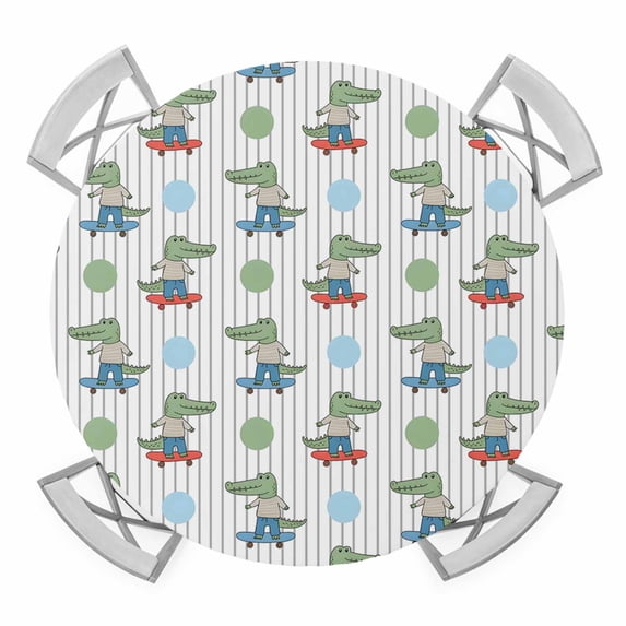 Funny Crocodile Round Table Cover, Skateboard Polka Dots Cartoon Strips Waterproof Fitted Tablecloths for 55"-60" Tables, Washable Picnic Table Cover for Camping Dining Indoor Outdoor