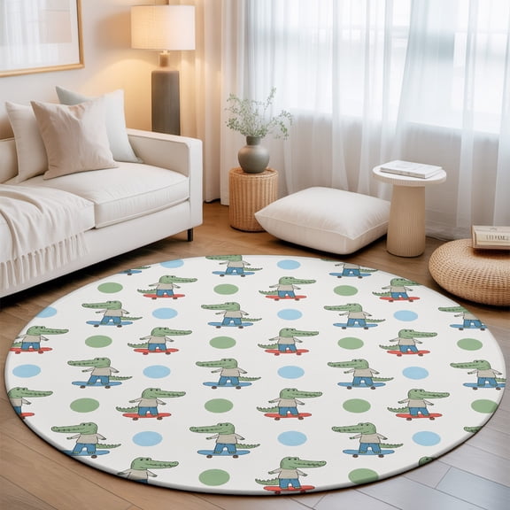 Funny Crocodile Small Round Rug 3Ft Skateboard Polka Dots Cartoon Cute Area Rugs Washable Non Slip Indoor Floor Mats Circle Carpet for Living Room Bedroom Dining Room Home Decor