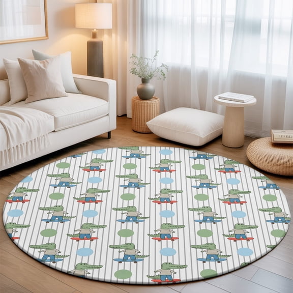 Funny Crocodile Small Round Rug 3Ft Skateboard Polka Dots Cartoon Strips Area Rugs Washable Non Slip Indoor Floor Mats Circle Carpet for Living Room Bedroom Dining Room Home Decor