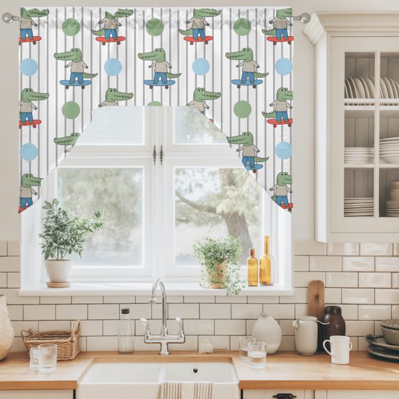 Funny Crocodile Swag Valance for Windows, Skateboard Polka Dots Cartoon Strips Swag Curtains Valances for Small Window Treatment Rod Pocket for Kitchen Bathroom 1 Panel 56x36in