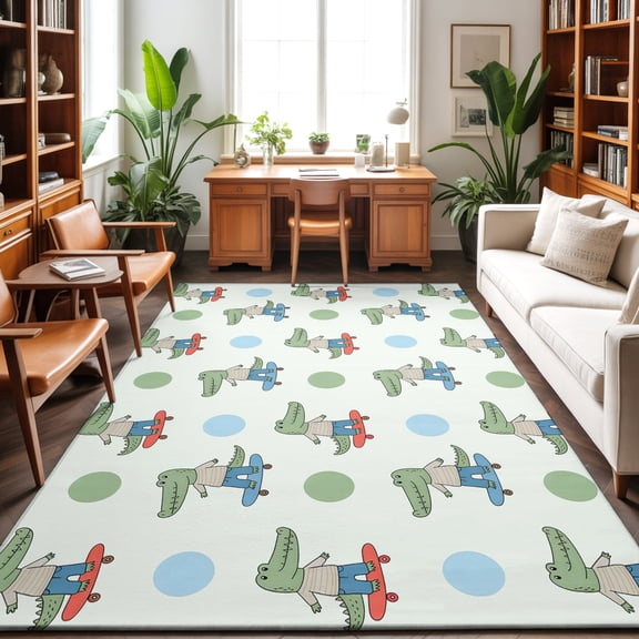 Funny Crocodile Washable Area Rug 9 x 12 ft Skateboard Polka Dots Cartoon Green, Soft Non Slip Rugs Stain Repellent Indoor Felt Carpet for Living Dining Room Bedroom Home Office