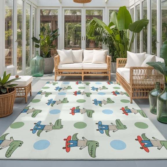 Funny Crocodile Washable Living Room Rugs 5'x8', Skateboard Polka Dots Cartoon Green Washable Throw Large Area Rug Non-Slip Sturdy Edge Binding Carpet for Living Area Kitchen Office