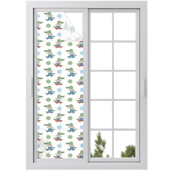 Funny Crocodile Window Privacy Film Skateboard Polka Dots Cartoon Cute Decorative Glass Window Film UV Blocking Static Cling Non-Adhesive Sticker Covering for Home Door 17.7 x 78.7 inches