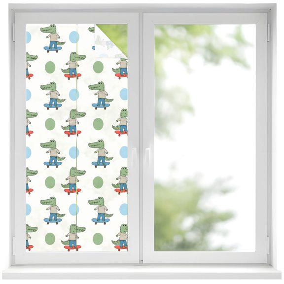 Funny Crocodile Window Privacy Film Skateboard Polka Dots Cartoon Cute Decorative Glass Window Film UV Blocking Static Cling Non-Adhesive Sticker Covering for Home Door 19.6 x 39.3 inches