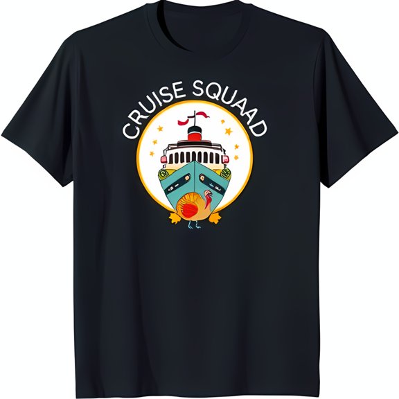 Funny Cruise Squad T-Shirt Cartoon Cruise Ship with Turkey Design on Black Background