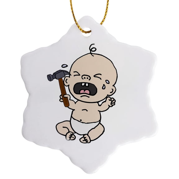 Funny Crying Baby With Hammer Carpenter Satire, 3 inch Snowflake Porcelain Ornament