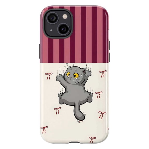 Funny Crying Grey Cat Phone Case iPhone 17 16 15 14 13 12 11 Pro Plus Mini, Red Stripes & Bows Cute Scratching Kitten Cover