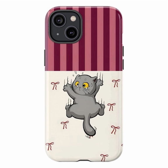Funny Crying Grey Cat Phone Case iPhone 17 16 15 14 13 12 11 Pro Plus Mini, Red Stripes & Bows Cute Scratching Kitten Cover