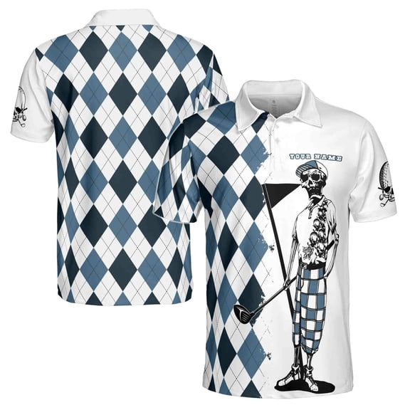 Funny Custom Name Blue Argyle Skeleton Skull Golf Men's Polo Shirt S-5XL