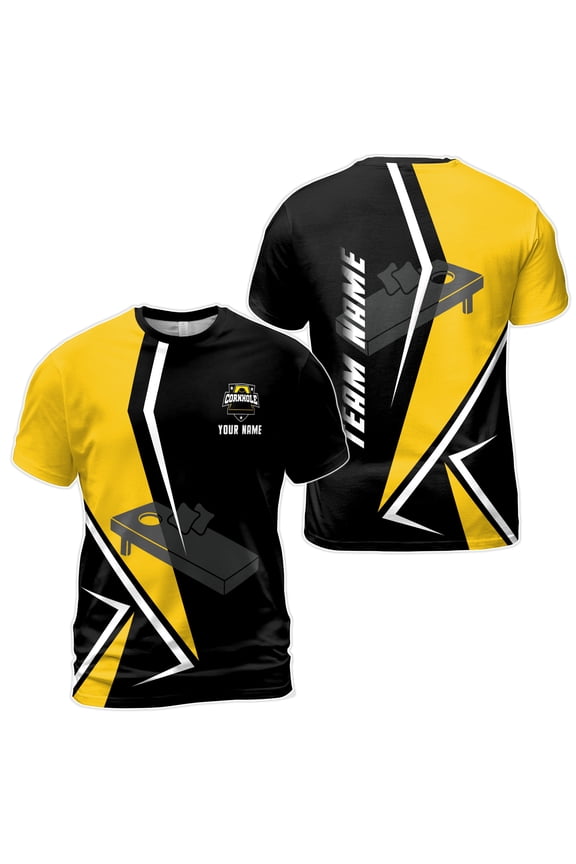 Funny Custom Name Cornhole Team Black and Gold Men's T-shirt S-5XL