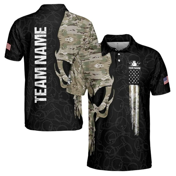 Funny Custom Name Team Name Skull Bowling Camo Men's Polo Shirt S-5XL