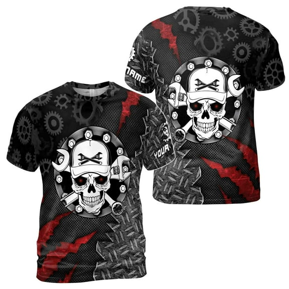 Funny Customize Name Skull Mechanic Tool Skeleton Metal Grunge 3D T-Shirt S-5XL