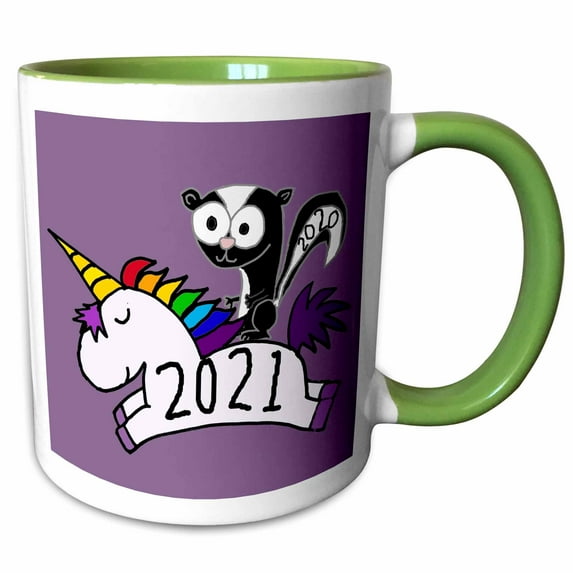 3drose, Funny Cute 2020 Skunk Riding 2021 Unicorn Think Positive, 11oz Two-tone Green Mug