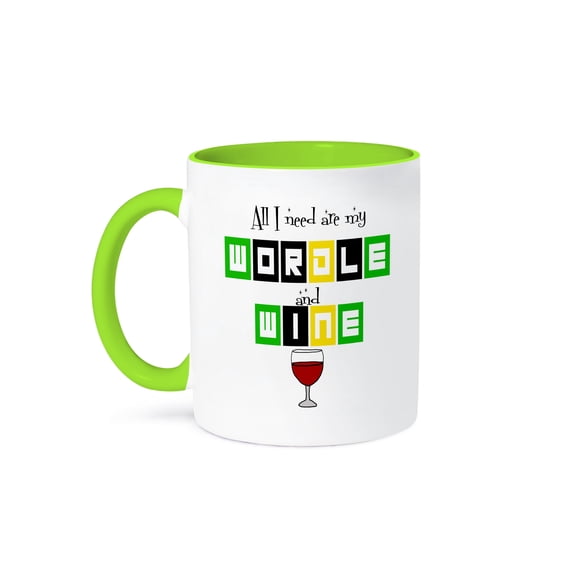 3dRose, Funny Cute All I need are Wordle and Wine Wordle Word Game Cartoon , 11oz Two-Tone Green Mug