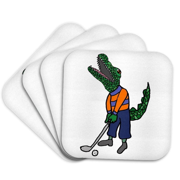 3drose, Funny Cute Alligator Playing Golf Sports Cartoon, Set of 4 Coasters - Soft