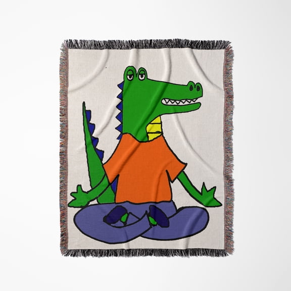 Funny Cute Alligator Practicing Yoga Cartoon, Woven Blanket