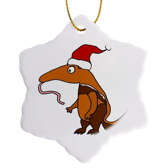 3drose, Funny Cute Anteater in Santa Hat Christmas Cartoon, 3 inch Snowflake Porcelain Ornament