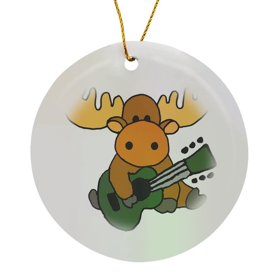 3drose, Funny Cute Baby Moose Playing Guitar Cartoon, Circle Porcelain Ornament