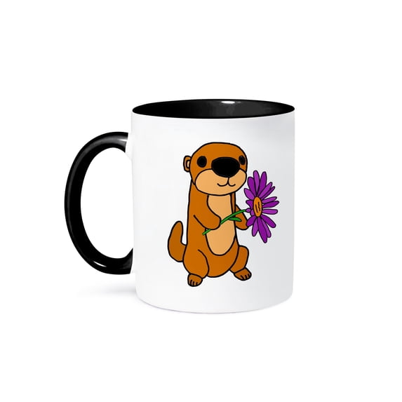 3dRose, Funny Cute Baby Sea Otter with Purple Daisy Flower Cartoon, 11oz Two-Tone Black Mug