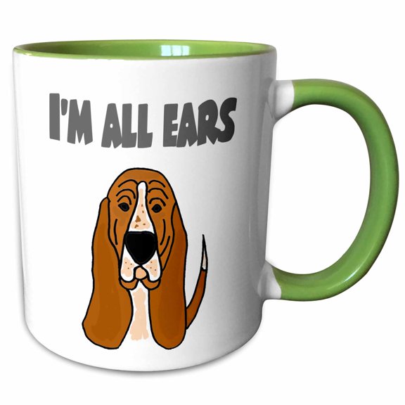 3drose, Funny Cute Basset Hound Dog Im All Ears Pun, 11oz Two-tone Green Mug