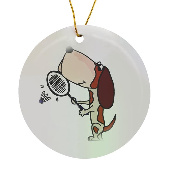 3drose, Funny Cute Basset Hound Dog Playing Badminton Sport, Circle Porcelain Ornament