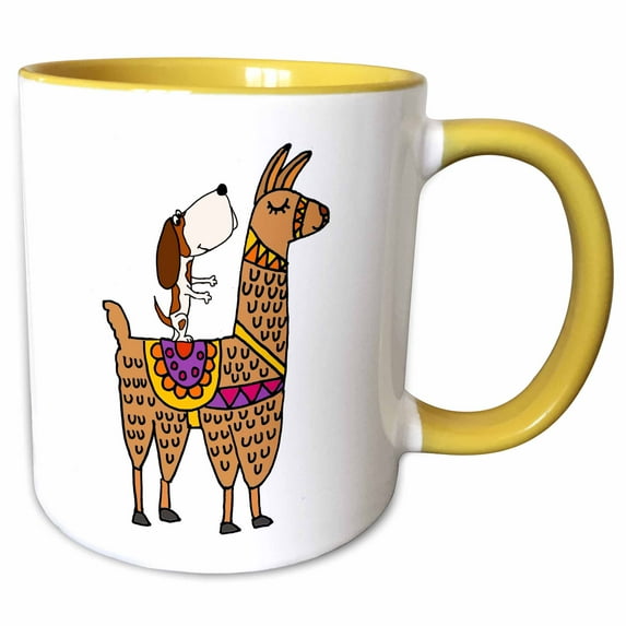 3drose, Funny Cute Basset Hound Riding Llama Cartoon, 15oz Two-tone Yellow Mug