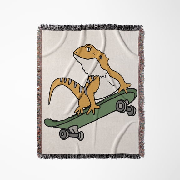 Funny Cute Bearded Dragon Lizard Riding Skateboard Skateboarder, Woven Blanket
