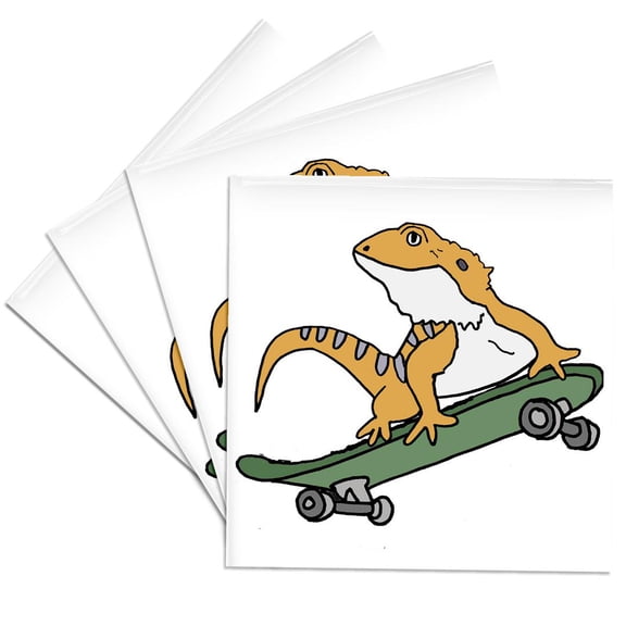 3drose, Funny Cute Bearded Dragon Lizard Riding Skateboard Skateboarder, Set of 4 Ceramic Tile Coasters