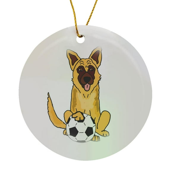 3drose, Funny Cute Belgian Malinois Dog Playing Soccer Cartoon, Circle Porcelain Ornament