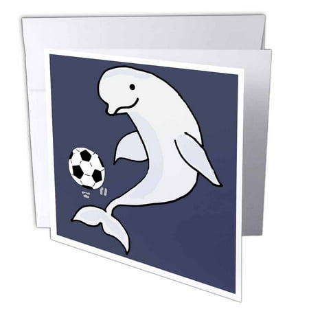 3dRose, Funny Cute Beluga Whale Playing Soccer Sports Beach Cartoon, 1 Greeting Card with envelope