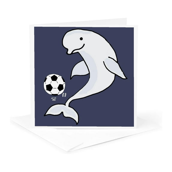 3drose, Funny Cute Beluga Whale Playing Soccer Sports Beach Cartoon, 1 Greeting Card with Envelope