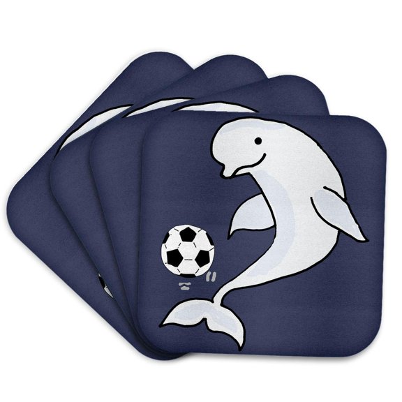 3drose, Funny Cute Beluga Whale Playing Soccer Sports Beach Cartoon, Set of 4 Coasters - Soft