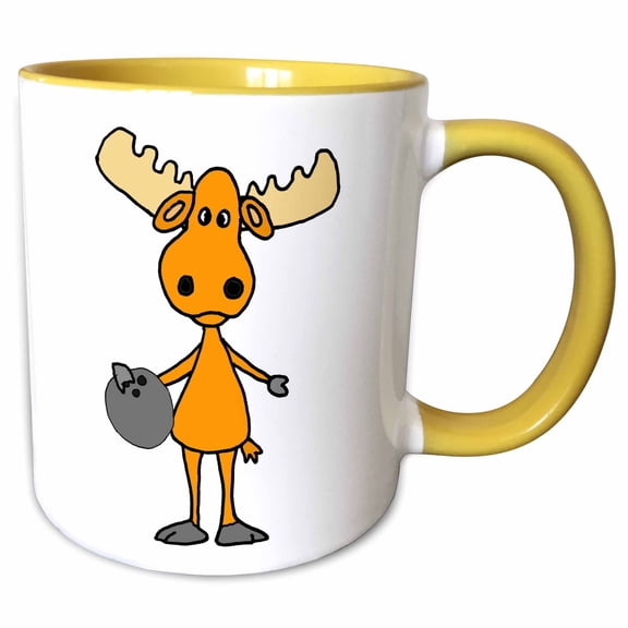 3drose, Funny Cute Big Headed Moose Bowling Sports Cartoon, 15oz Two-tone Yellow Mug