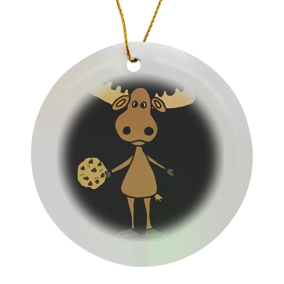 3drose, Funny Cute Big Headed Moose Eating Chocolate Chip Cookie Cartoon, Circle Porcelain Ornament