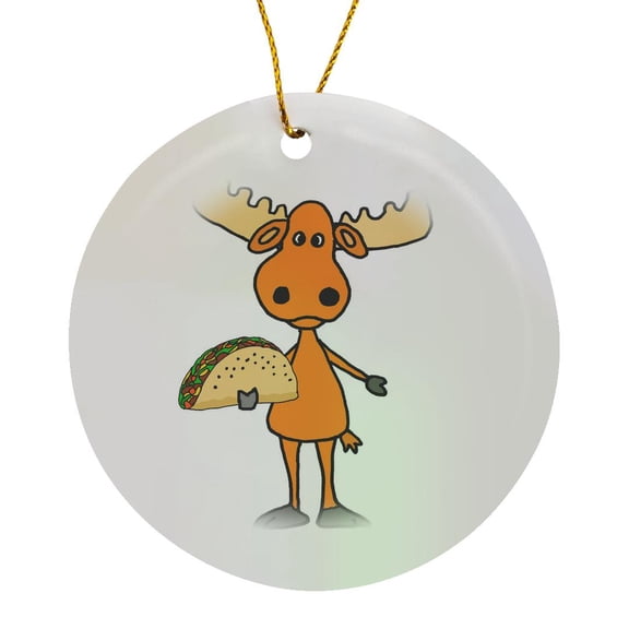 3drose, Funny Cute Big Headed Moose Eating Taco Mexican Food Cartoon, Circle Porcelain Ornament