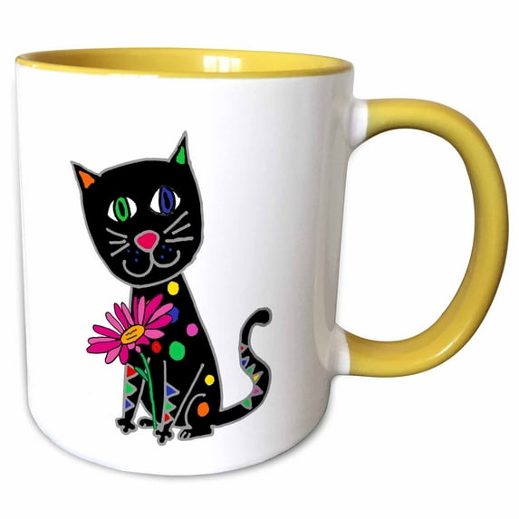 Funny Cute Black Cat with Spots with Daisy Flower for Cat Lovers 11oz Two-Tone Yellow Mug mug-336358-8