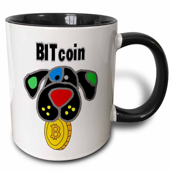3drose, Funny Cute Black Dog Biting Bitcoin Cryptocurrency Money Pun, 15oz Two-tone Black Mug