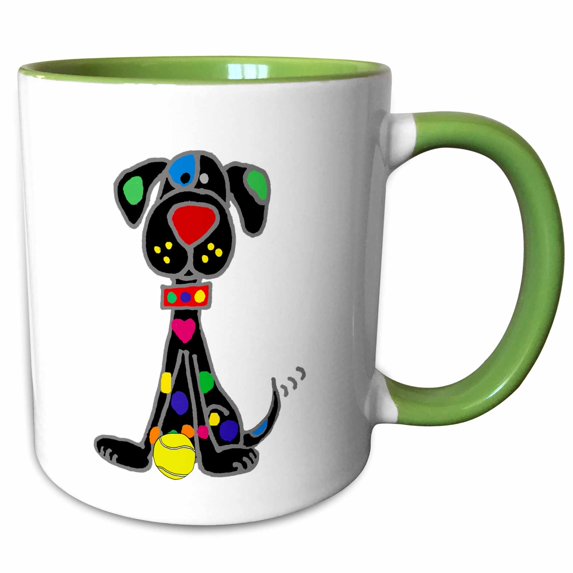 3drose, Funny Cute Black Dog with Spots and Tennis Ball for Dog Lovers, 15oz Two-tone Green Mug