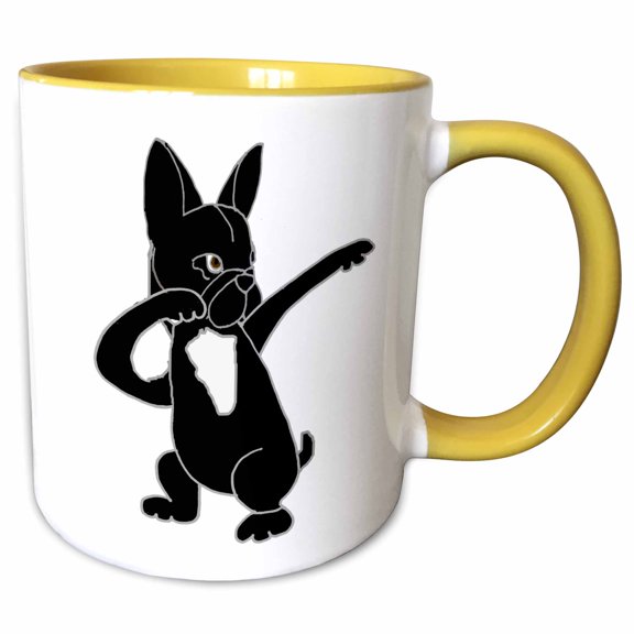 3drose, Funny Cute Black French Bulldog Dabbing Dab Dancing, 11oz Two-tone Yellow Mug