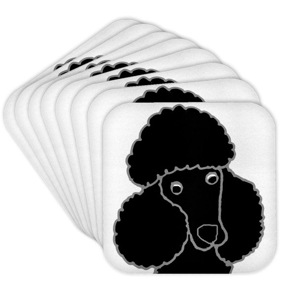 3drose, Funny Cute Black Miniature Toy Poodle Puppy Dog Face Cartoon, Set of 8 Coasters - Soft