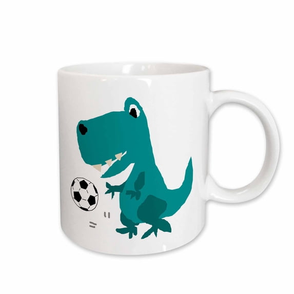 3drose, Funny Cute Blue T-rex Dinosaur Playing Soccer Primitive Art Cartoon, 11oz Mug