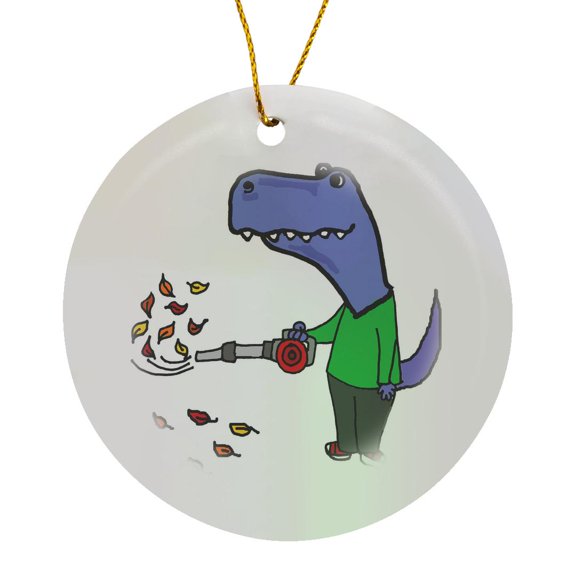3drose, Funny Cute Blue T-rex Dinosaur Using Leaf Blower Cartoon, Circle Porcelain Ornament